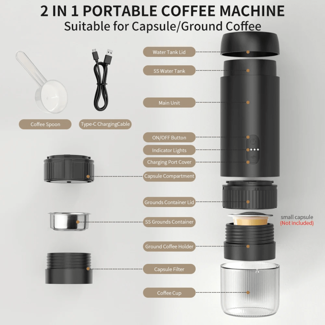 2 - in - 1 Portable Coffee Machine – Capsule & Ground | Rechargeable Espresso Maker - Eaze Mart