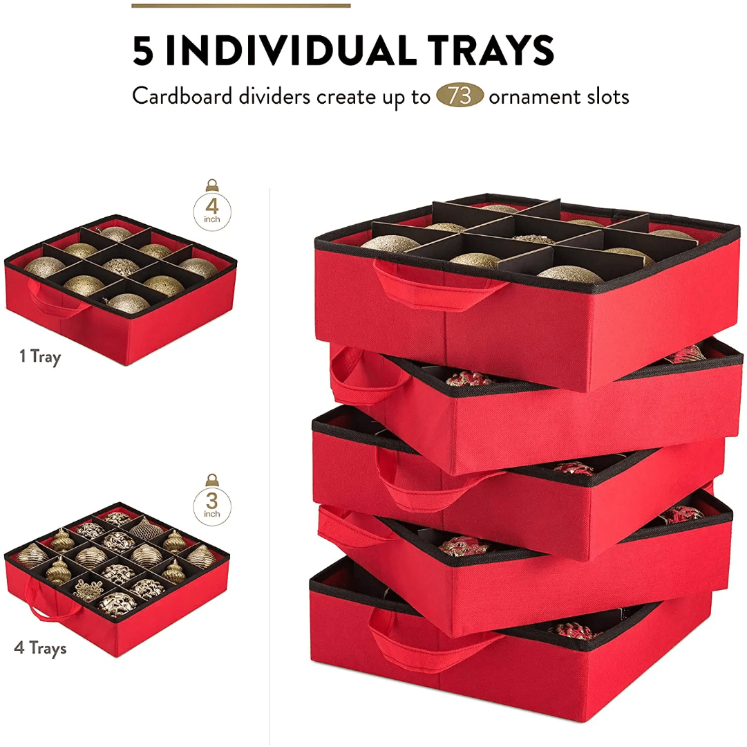 Christmas Ornament Organizer – 5 Trays with Dividers & Extra Pockets - Eaze Mart