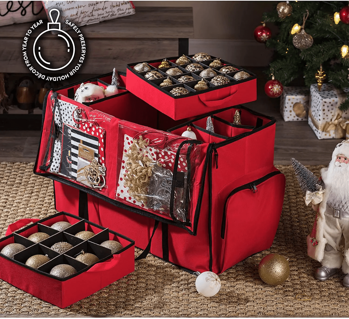 Christmas Ornament Organizer – 5 Trays with Dividers & Extra Pockets - Eaze Mart
