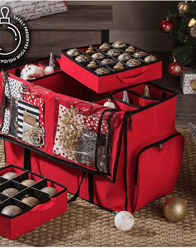 Christmas Ornament Organizer – 5 Trays with Dividers & Extra Pockets - Eaze Mart