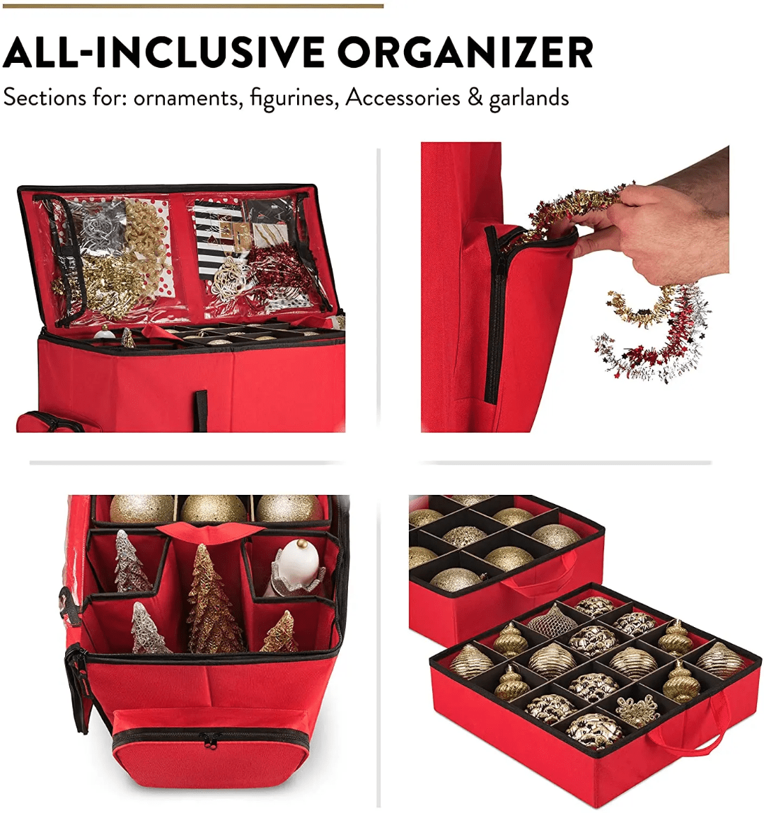 Christmas Ornament Organizer – 5 Trays with Dividers & Extra Pockets - Eaze Mart