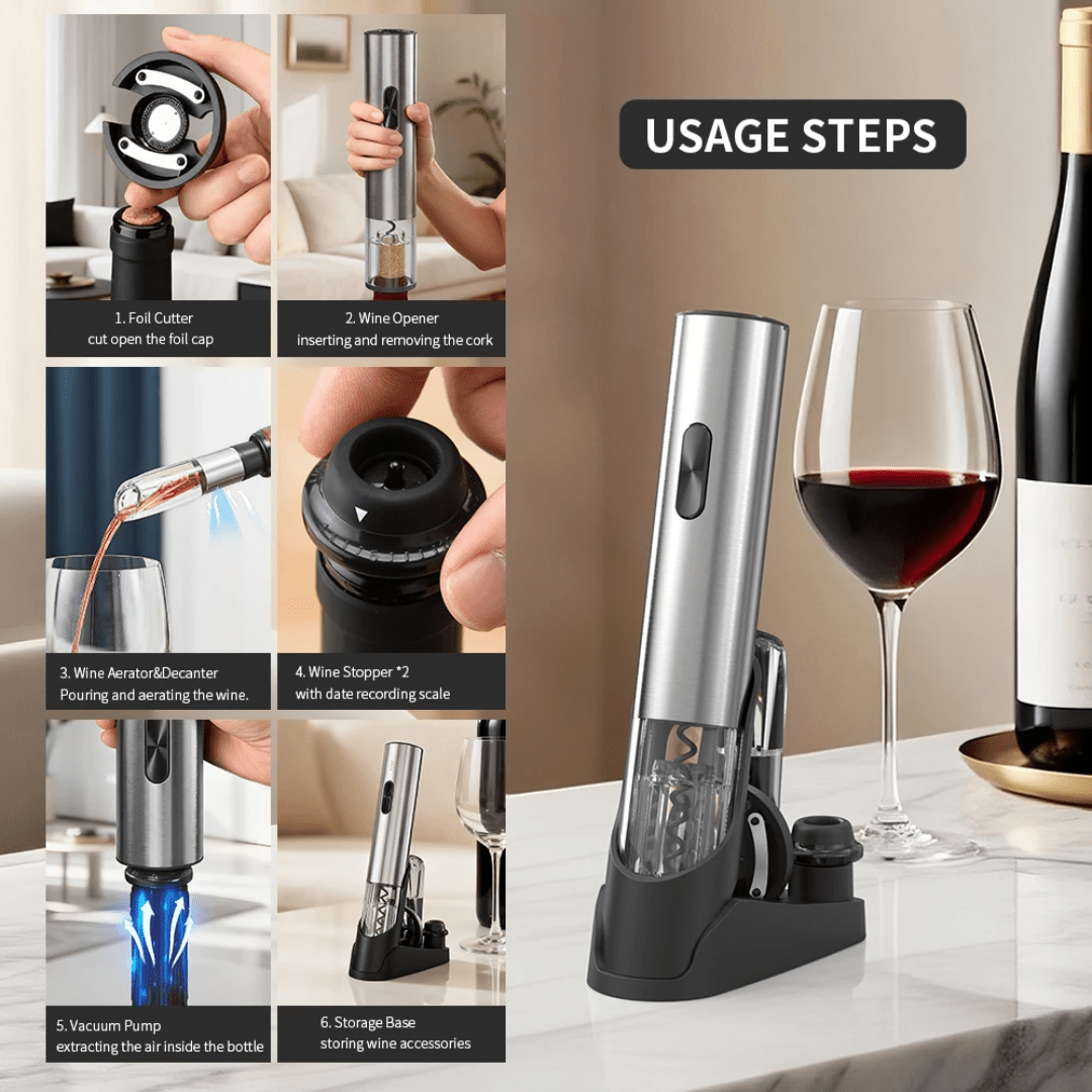 Electric Wine Set – Full Kit with Stoppers, Pourer, Foil Cutter & Pump - Eaze Mart