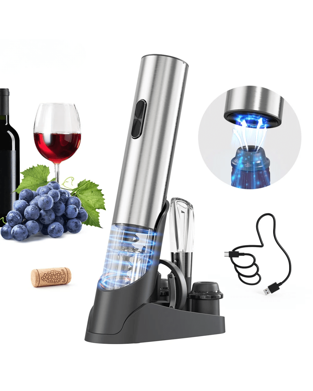 Electric Wine Set – Full Kit with Stoppers, Pourer, Foil Cutter & Pump - Eaze Mart