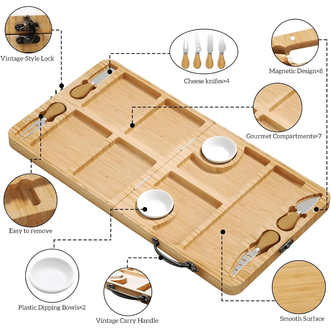 Portable Bamboo Cheese Board Set – Foldable Charcuterie Serving Tray - Eaze Mart