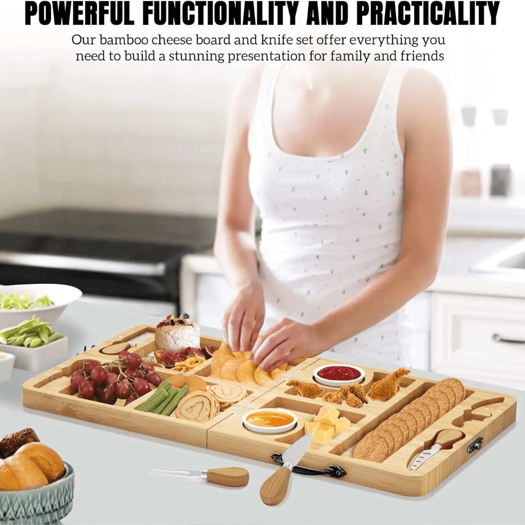 Portable Bamboo Cheese Board Set – Foldable Charcuterie Serving Tray - Eaze Mart
